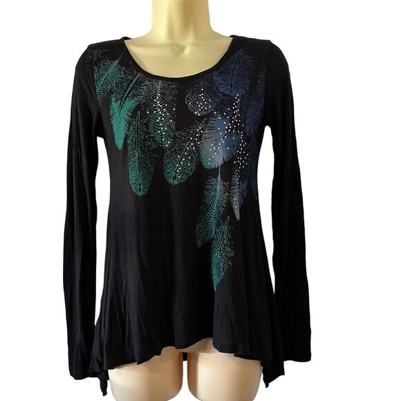 Wet Seal XS Black Knit Tunic Top Feather Design Rhinestone Embellished Y2K - Picture 2 of 9